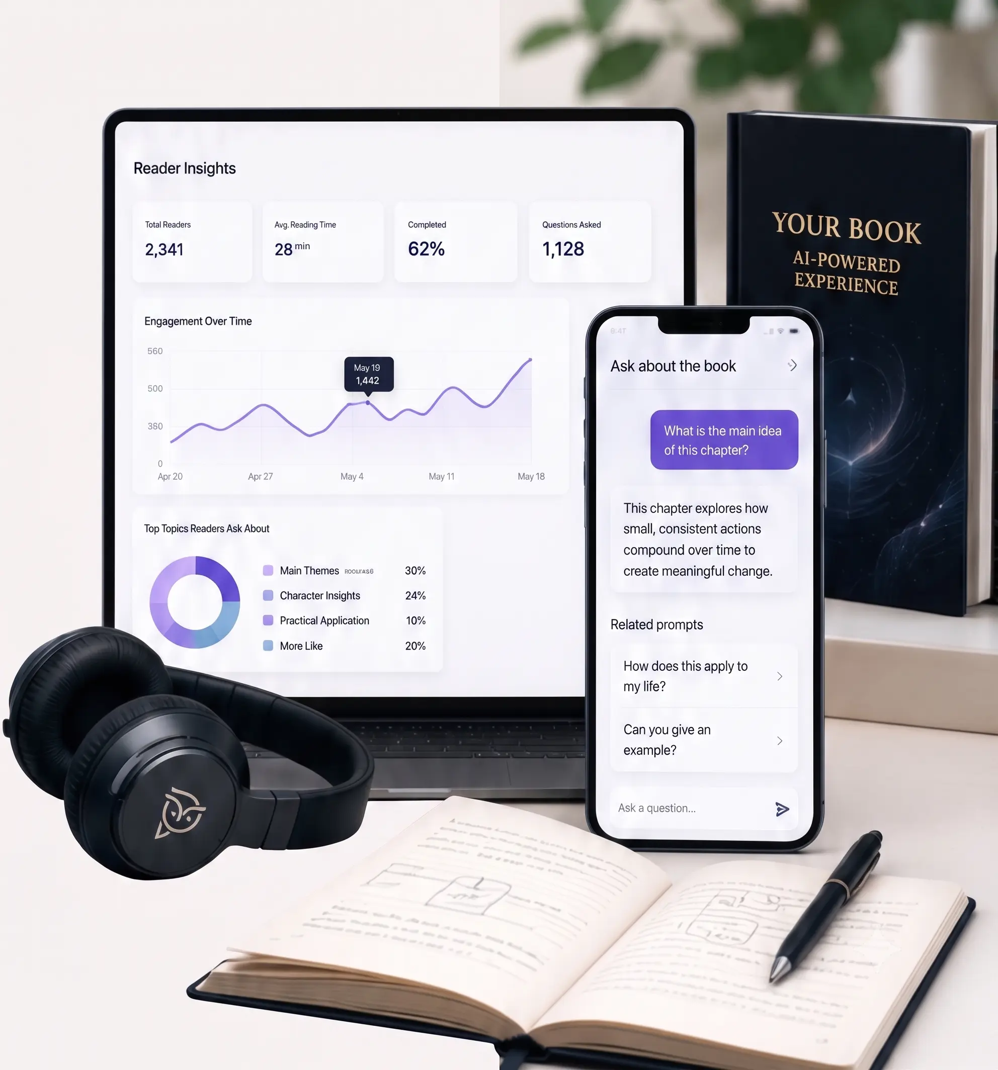 Praxis author tools shown with reader insights, audiobook headphones, an AI chat phone, an open notebook, and a book mockup