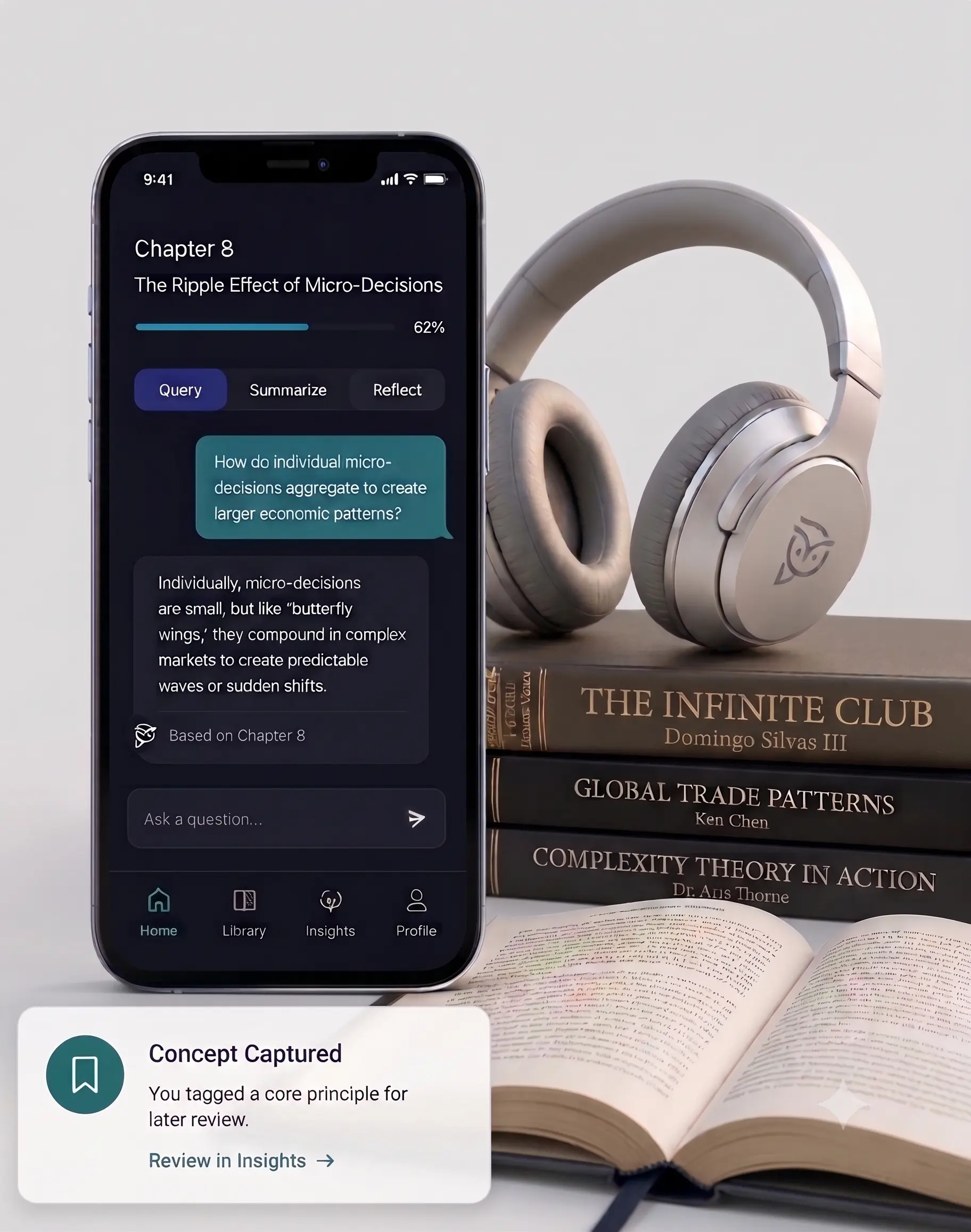 Praxis reader app showing chapter chat, audio listening, and saved insights